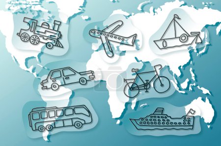 Téléchargez les photos : Concept de conception de mode de transport avec dessins animés contre une carte mondiale - en image libre de droit