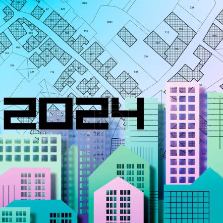2024 Immobilienplanung - Geschäftskonzept in Bautätigkeit und Bauwirtschaft mit Stadtbild, imaginärem Gesamtstädteplan, Katasterkarte und Wohngebieten