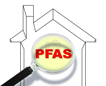 Présence dangereuse et exposition au PFAS à l'intérieur des maisons - Perfluoroalkyle et Polyfluoroalkyle polluent l'air intérieur des maisons - Concept avec icône de la maison vue à travers une loupe