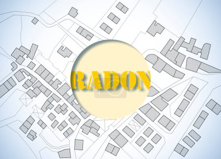 Téléchargez les photos : Dangereux radon gazeux dans le sous-sol de la ville illustration du concept avec un plan d'urbanisme général imaginaire avec texte sur le radon dans le sous-sol - en image libre de droit