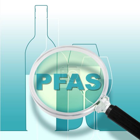 Alerta sobre sustancias peligrosas PFAS Perfluoroalquilo y Polifluoroalquilo en agua potable embotellada - Concepto con lupa