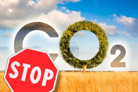 Reduzierung der CO2-Emissionen - Stoppkonzept mit CO2-Symboltext in Baumform und Stoppschild