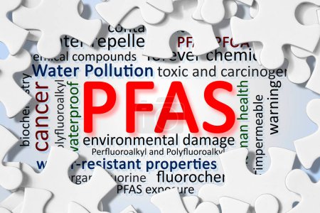 Foto de Concepto de nube de palabras clave de PFAS - Sustancias peligrosas de perfluoroalquilo y polifluoroalquilo utilizadas en productos y materiales debido a sus propiedades resistentes al agua mejoradas - Imagen libre de derechos