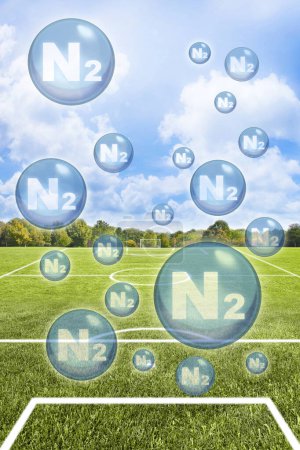 Fertilización de campos de fútbol con nitrógeno - Nitrógeno el nutriente más importante para el césped - Concepto con moléculas de nitrógeno 