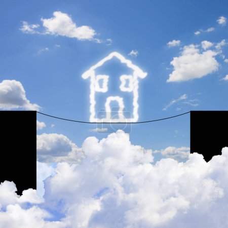 Téléchargez les photos : Dangers et pièges d'une maison - Image du concept de crise du marché immobilier avec une petite maison au-dessus d'un câble équilibré sur un ravin. - en image libre de droit