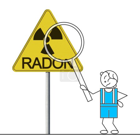 Cartoon Man with magnifying glass and sign indicating to be careful of the presence of dangerous radon gas - concept illustration