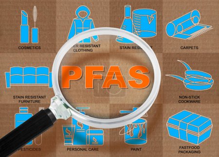 PFAS, PFOS y PFOA sustancias sintéticas peligrosas utilizadas en productos y materiales debido a sus propiedades resistentes al agua mejoradas - Concepto infográfico con icono y lupa