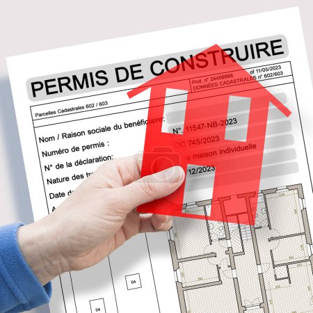 Permiso de construcción escrito en francés - PERMIS DE CONSTRUIRE - Concepto de actividad y sector de la construcción con icono de vivienda