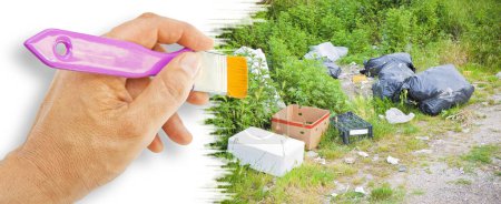 Illegal dumping with bottles, boxes and plastic bags abandoned in nature - concept image with hand and brush.