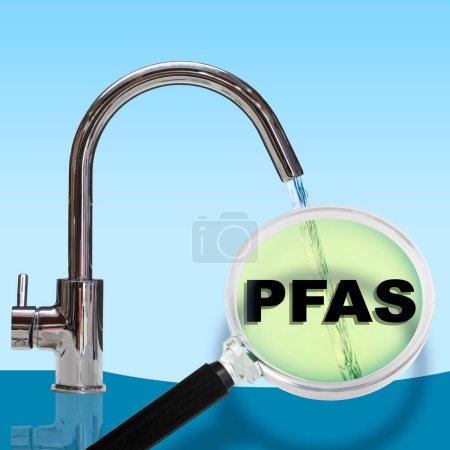 Photo for PFAS Contamination of Drinking Water - Alertness about dangerous PFAS per-and polyfluoroalkyl substances presence in potable water - Concept with magnifying glass and faucet - Royalty Free Image