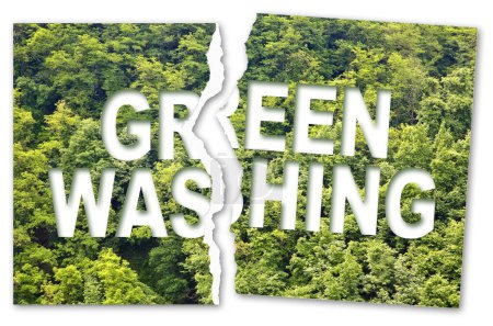 Alert to Greenwashing - Ripped photo concept with text against a forest and trees and magnifying glass