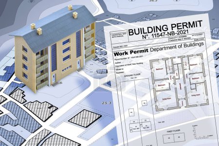 Building Permit concept with imaginary General Urban Plan and cadastral map