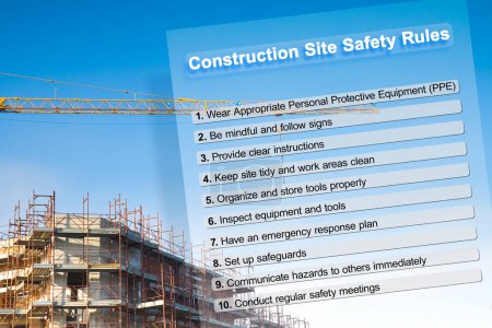 Construction site safety rules concept with buildings and tower crane - Building safely on construction sites