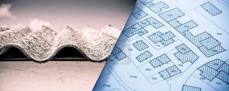 Detalle del techo de amianto - uno de los materiales más peligrosos en la industria de la construcción - concepto con un mapa catastral imaginario