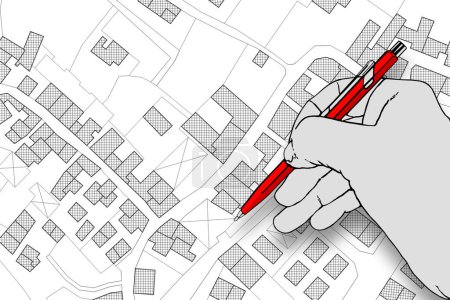 Architecte dessinant un bâtiment résidentiel sur une carte cadastrale imaginaire du territoire avec bâtiments, champs et routes
.