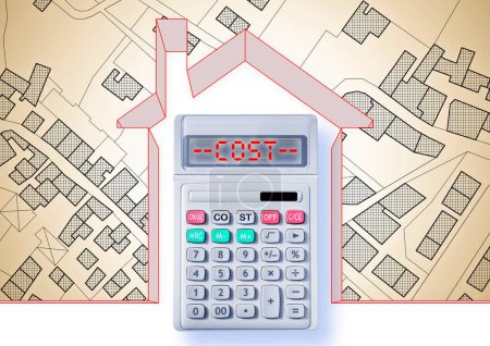Kosten für den Bau eines neuen Eigenheims auf einem freien Grundstück - Konzept mit Haus, imaginärer Katasterkarte und Taschenrechner