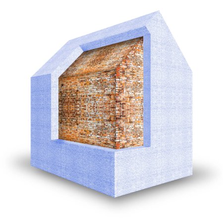 Mur en brique d'un bâtiment résidentiel isolé thermiquement avec des panneaux en polystyrène collés sur la surface du mur extérieur - Amélioration du concept de performance énergétique des bâtiments
