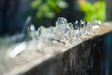 Photo for Broken Glass Bottles Covered Concrete Fences for Anti Climb Concept, Sharp Pieces on Top Edge Brick Wall for Protection Private Zone, Cheap Security of Building. selective focus - Royalty Free Image