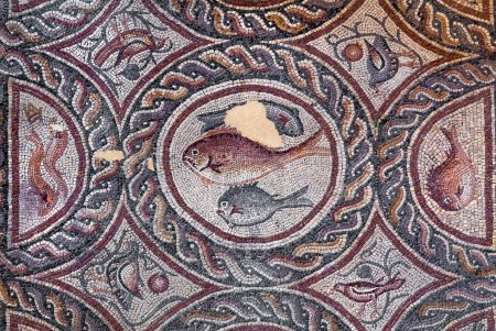 Téléchargez les photos : Fish on fragment of Lod Mosaic, famous Roman mosaic floor in Lod town in Israel, displayed in Shelby White and Leon Levy Lod Mosaic Center. Mosaic depicts land animals, fish and two Roman ships. - en image libre de droit