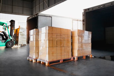 Verpackungskartons aus Plastik gestapelt auf Paletten, die in Frachtcontainer verladen werden. Lastkraftwagen. Lieferketten-Versandboxen. Distribution Supplies Warehouse. Gütertransporte Logistik.