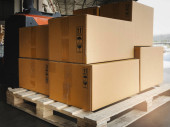 Packaging Boxes Stacked on Pallets in Storage Warehouse. Cartons Cardboard Boxes. Supply Chain. Storehouse Distribution. Shipping Warehouse Logistics. Poster #627029282