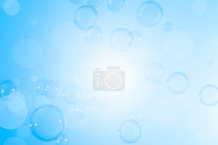 Abstract Beautiful Transparent Blue Soap Bubbles Background. Blurred White Bokeh, Defocus. Circles Bubbles. Freshness Soap Sud Bubbles