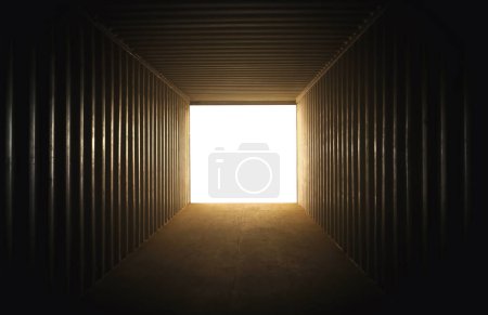 Empty Shipping Cargo Container with Light Rays. Square Room Space Opening White Backdrop. Abstract Background