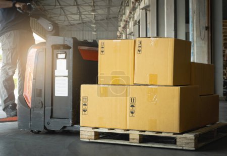  Package Boxes with Electric Forklift Pallet Jack in Warehouse. Forklift Loader. Shipping Supplies. Supply Chain Shipment Goods. Distribution Warehouse Logistics Poster 650851534