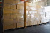 Package Boxes Wrapped Plastic Stacked on Pallets. Storage Warehouse, Storehouse Distribution. Supply Chain. Shipping Cargo Supplies Warehouse Logistics. Poster #652521560