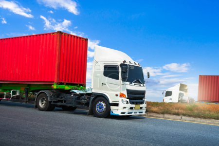 Photo for Semi Trailer Truck Driving on Highway Road. Shipping Container Trucks. Commercial Truck Transport. Delivery. Diesel Lorry Tractor. Freight Trucks Logistics Cargo Transport - Royalty Free Image