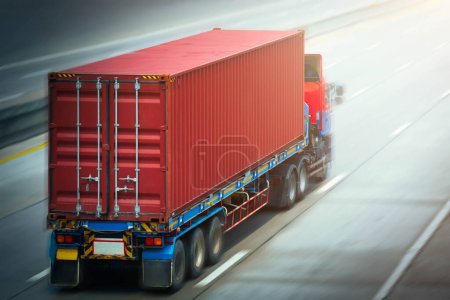 Semi Trailer Truck Driving on Highway Road. Shipping Container Trucks. Commercial Truck Transport. Delivery. Diesel Trucks. Lorry Tractor. Freight Trucks Logistics Cargo Transport