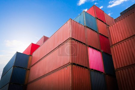 Photo for Stacked of Containers Cargo Shipping. Handling of Logistic Transportation Industry. Cargo Container ships, Freight Trucks Import-Export. Distribution Warehouse. Shipping Logistics Transport - Royalty Free Image