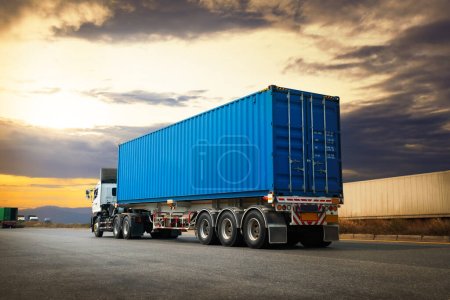 Photo for Semi Trailer Truck Driving on Highway Road. Shipping Container Trucks. Commercial Truck Transport. Delivery Express. Diesel Trucks. Lorry Tractor. Freight Trucks Logistics, Cargo Transport - Royalty Free Image