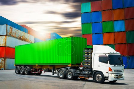 Photo for Semi trailer Trucks Parked with Stacked of Containers Cargo Shipping. Handling of Logistics Transportation Industry. Cargo Container ships, Freight Trucks Import-Export. Distribution Warehouse. - Royalty Free Image