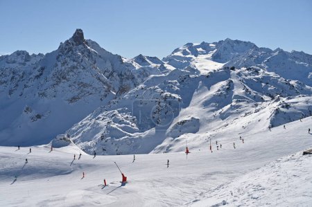Photo for Alps winter landscape of a skiing Slope Station in France. - Royalty Free Image