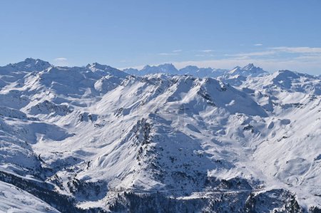 Photo for Panorama of snow mountain range landscape with blue sky at Saulire Meribel in France. - Royalty Free Image