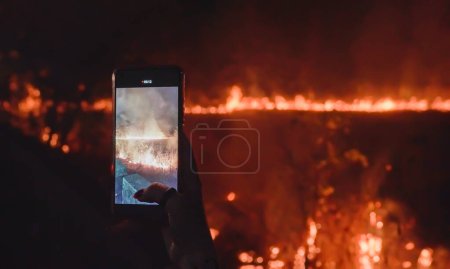 Photo for Forest fire being photographed on a phone. High quality photo - Royalty Free Image