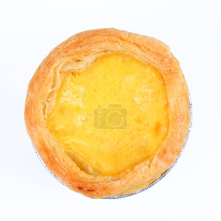 It is One egg tart on foiled container isolated on white.