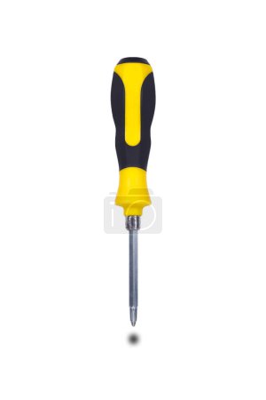 It is Screw driver with yellow and black handle isolated on white.
