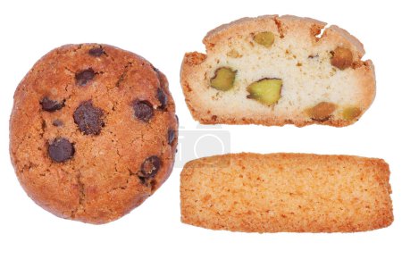 It is Chocolate chip,coconut,biscotti cookies isolated on white.