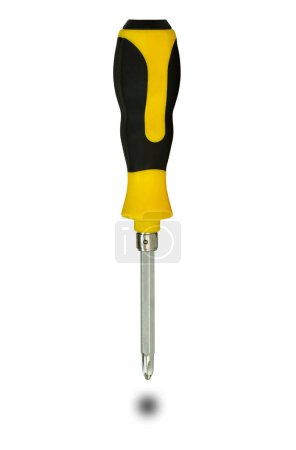 It is Screw driver with yellow and black handle isolated on white.