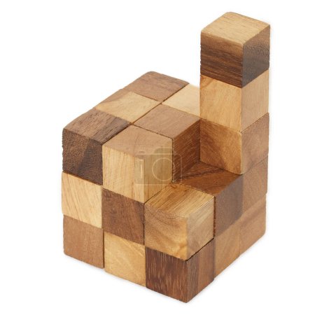 It is Puzzle Wooden cube isolated on white.