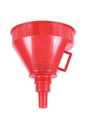it is red plastic liquid filter funnel isolated on white.