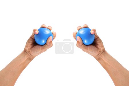 it is two hands hold stress ball isolated on white.
