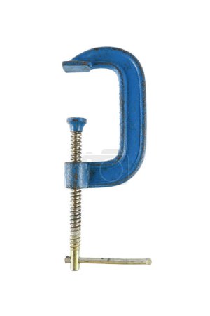 it is blue steel c-clamp or g-clamp for holding wood or metal isolated on white.
