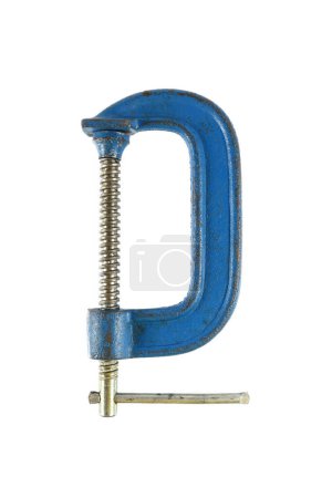 es de acero azul c-clamp o g-clamp para la celebración de madera o metal aislado en blanco.