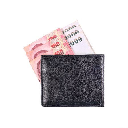 it is black leather wallet with Thailand bill isolated on white.