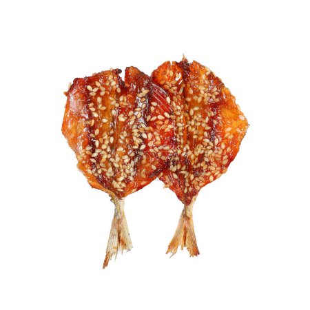 it is fried sweet fish with sesame isolated on white.
