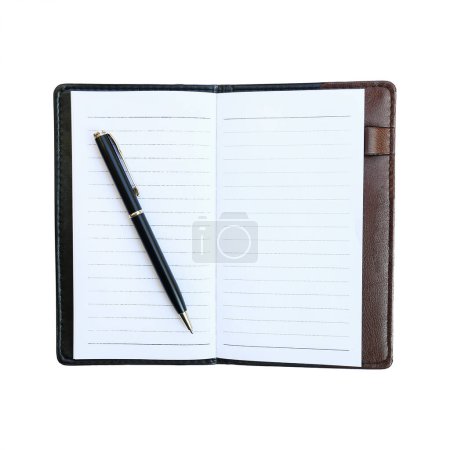 it is black business pen on notebook with leather case isolated on white.