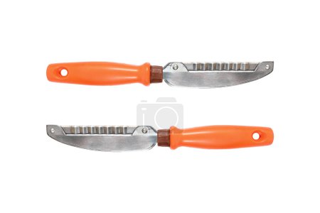 Foto de It is two sharp knives for peeling fruits and vegetables isolated on white. - Imagen libre de derechos